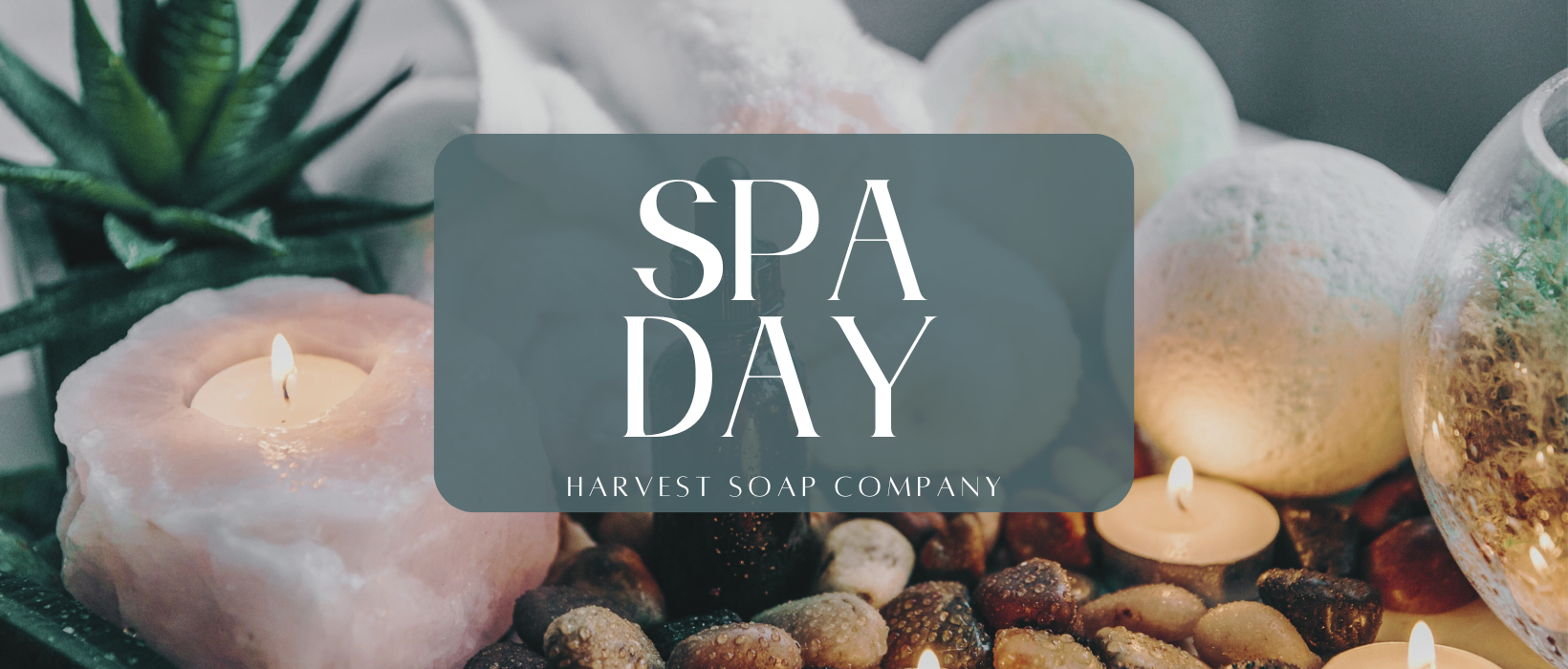spa day soap  and candle collection title photo with lit candles and natural lighting