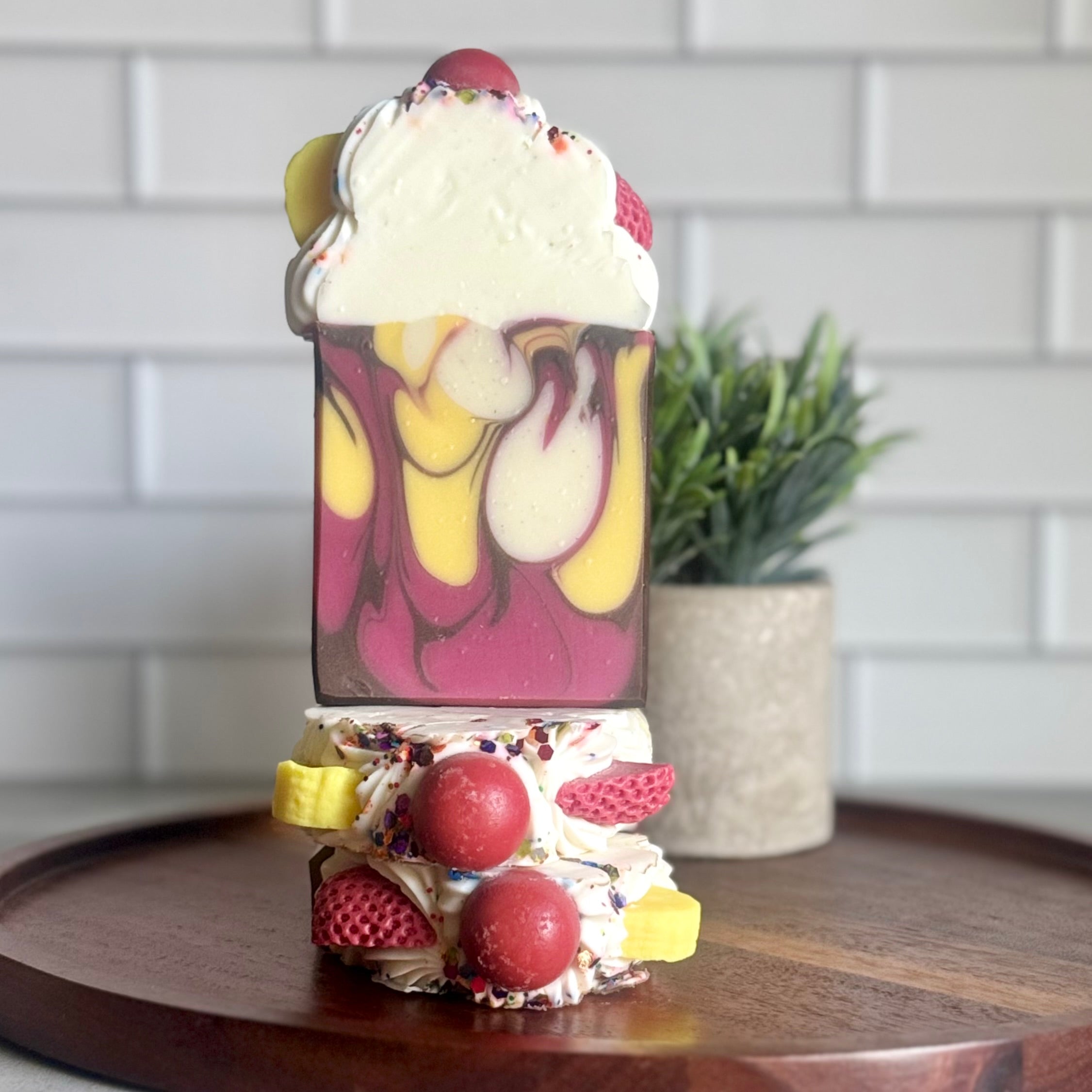 Artisan ice cream sundae frosted soap by Harvest Soap Company with colorful, detailed dessert-inspired design and textured frosting.