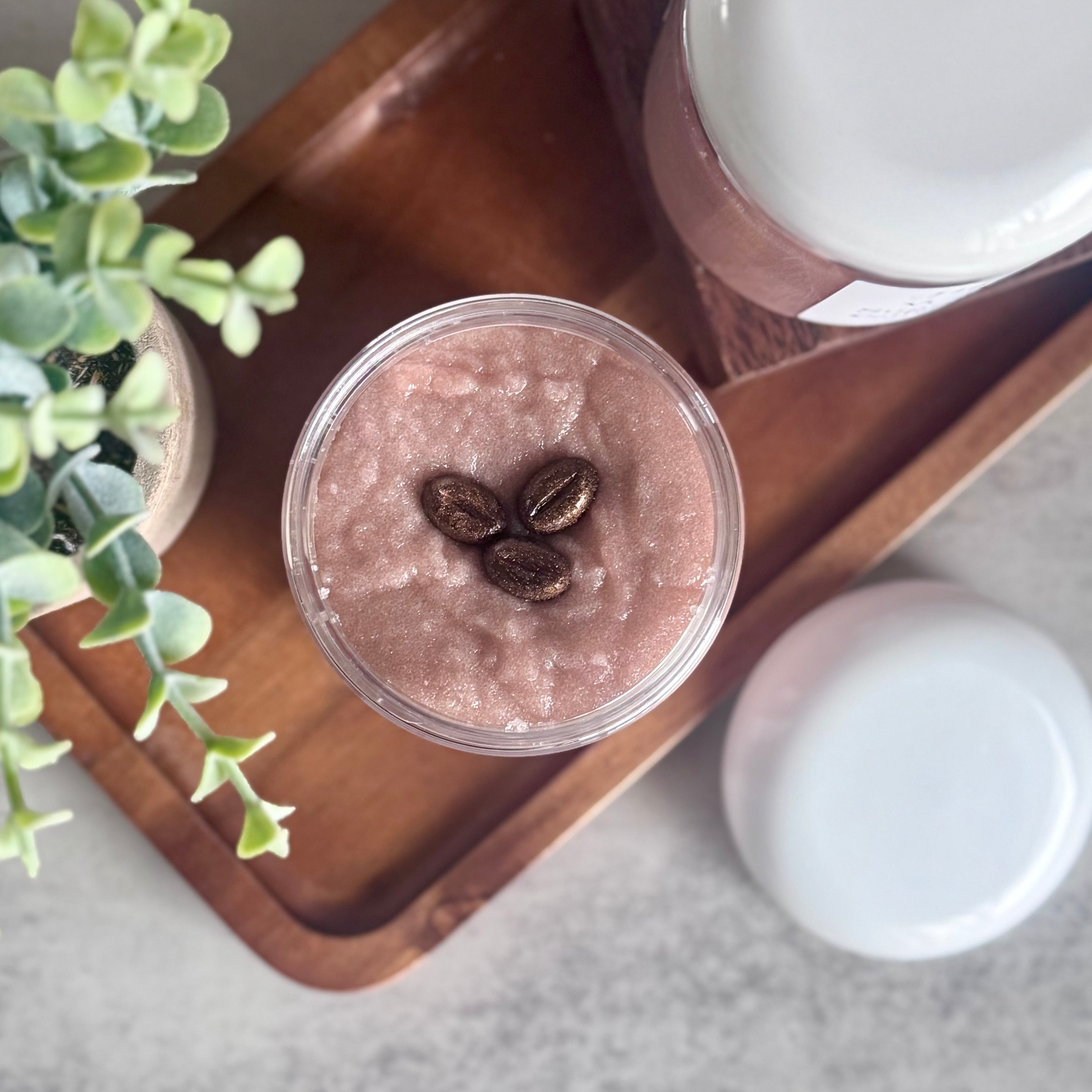 Creamy Coffee and Sugar Scrub from Harvest Soap Company with whipped texture and natural ingredients visible in the image.