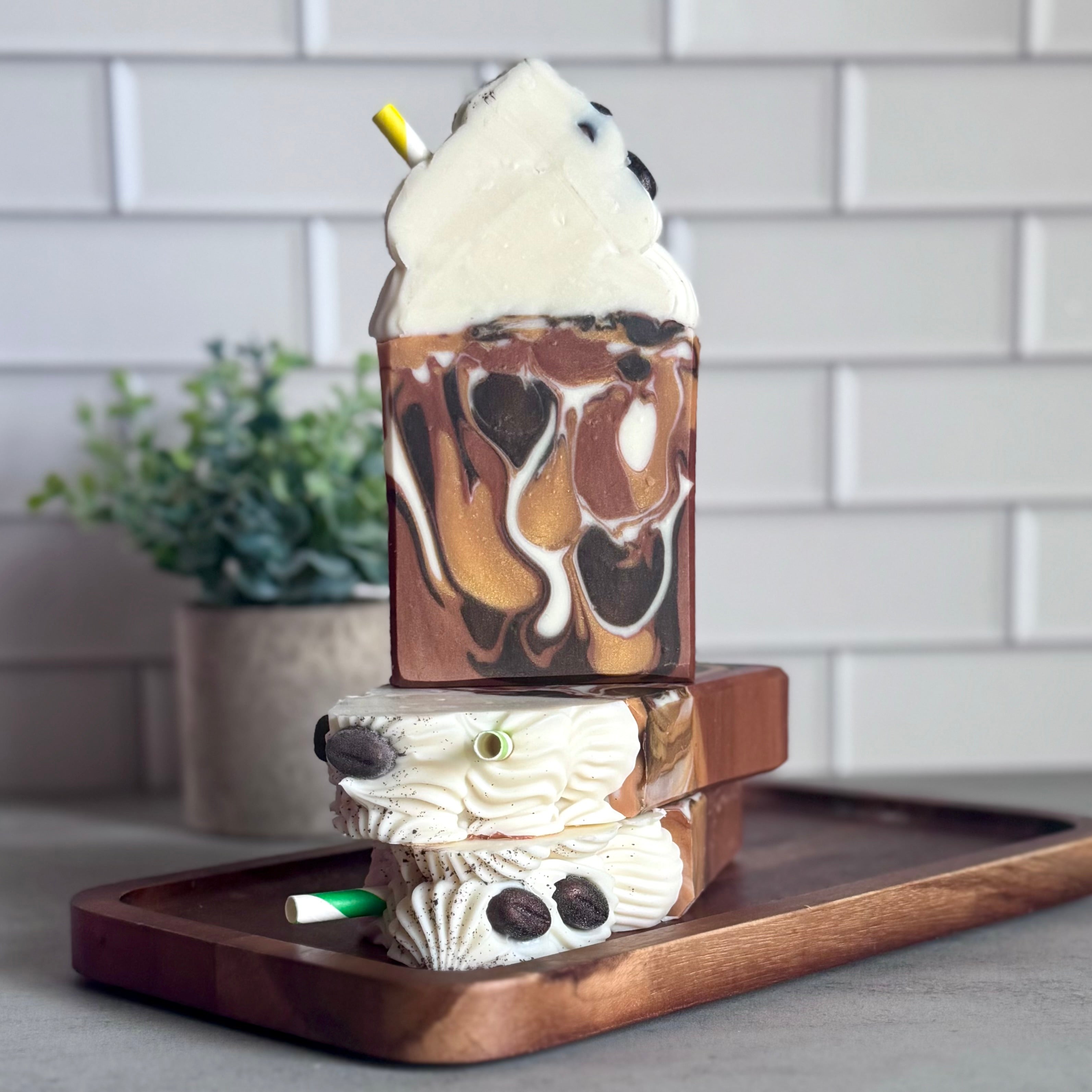 Artisan Coffee & Cream Frosted Soap by Harvest Soap Company with creamy and coffee-scented design on smooth soap bar