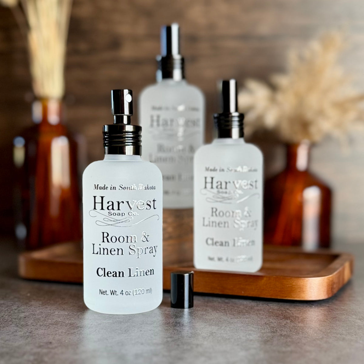 Harvest Soap Company Clean Linen Room and Linen Spray bottle with mist sprayer, showcasing the fresh, crisp linen scent.
