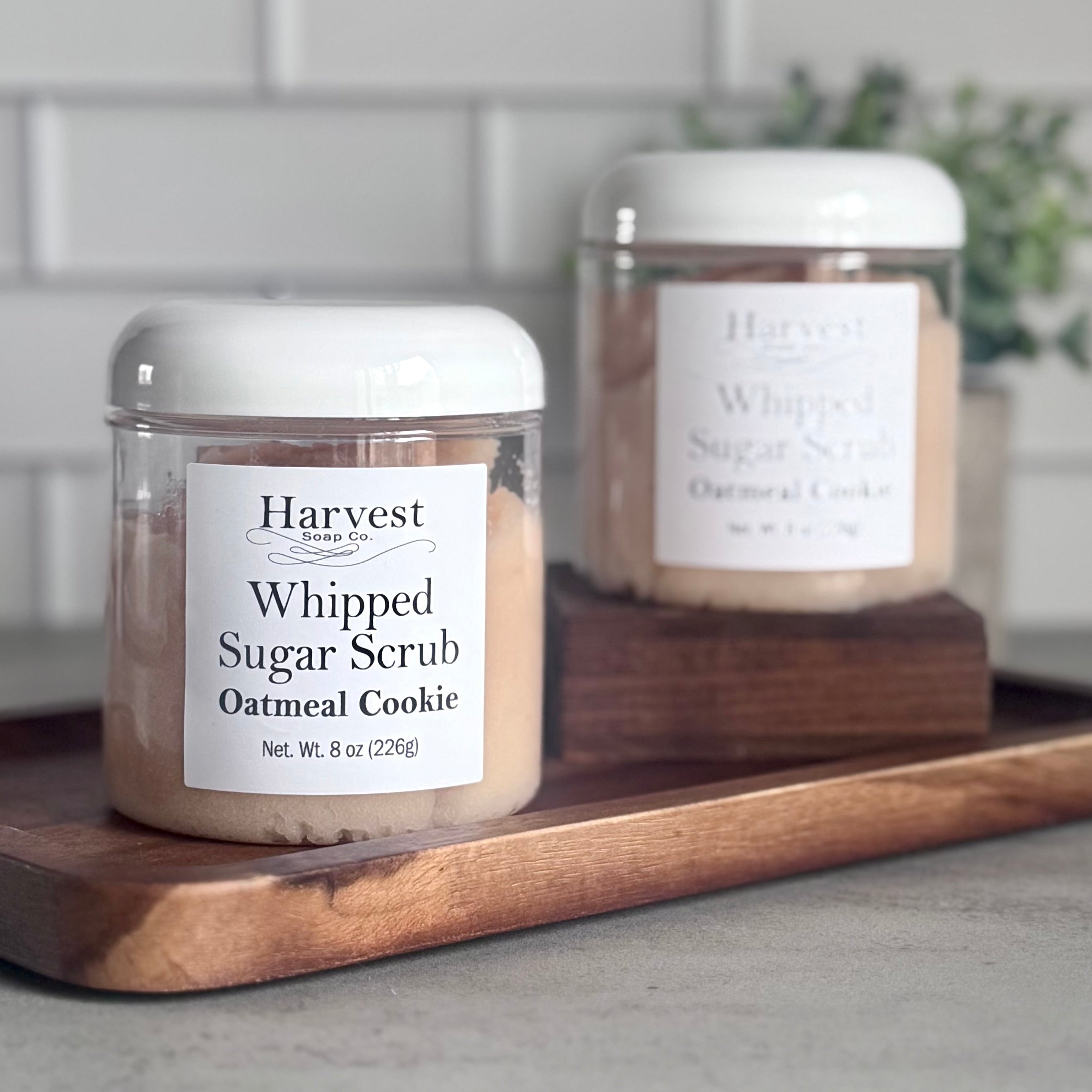 Oatmeal Cookie Whipped Sugar Scrub by Harvest Soap Company, creamy textured exfoliating scrub with oatmeal and sweet cookie scent.