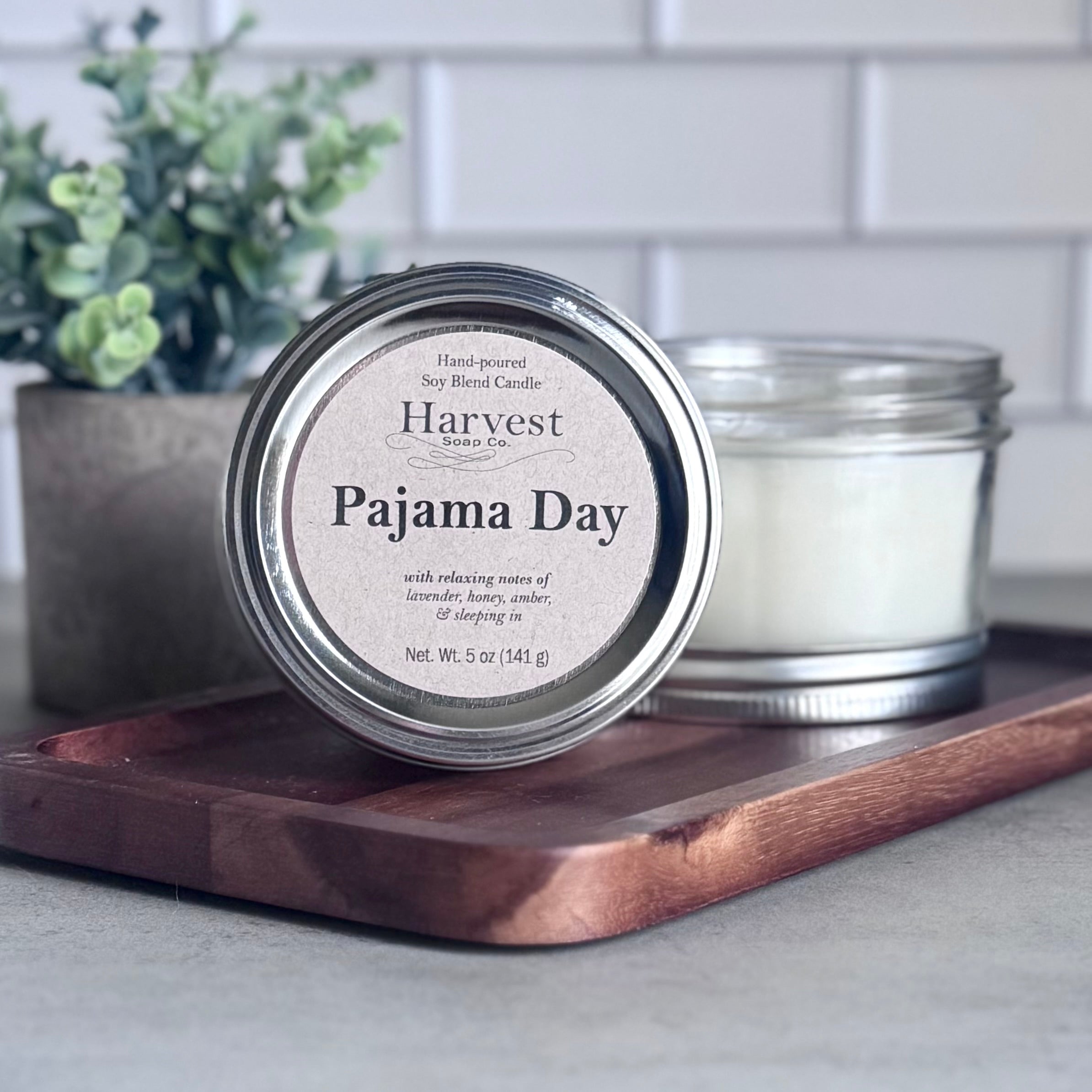 Harvest Soap Company Pajama Day Candle with cozy design and warm glow, perfect for relaxing at home.