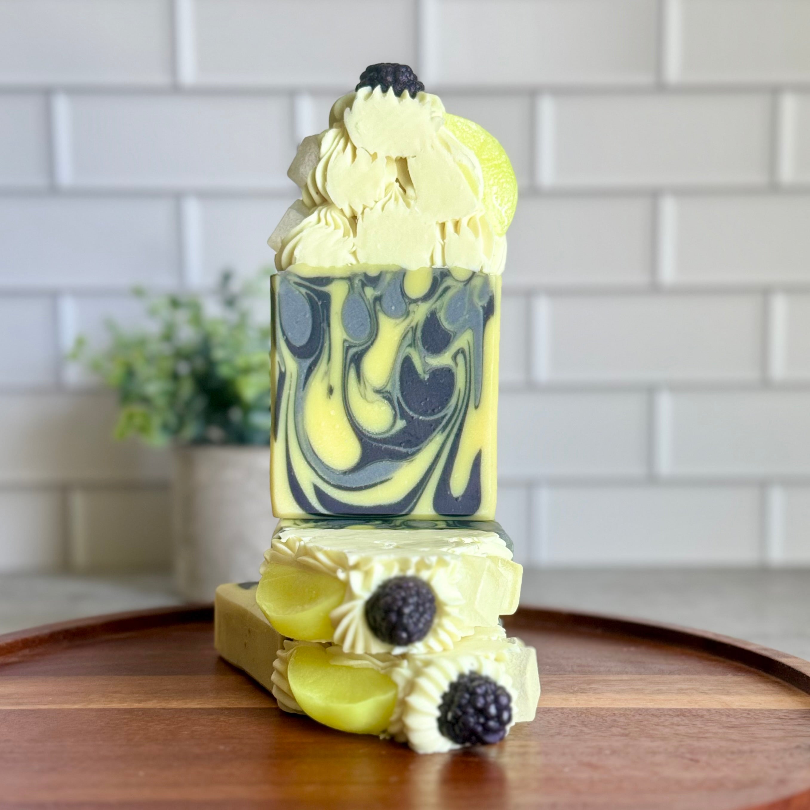 Artisan Blackberry Lemonade Frosted Soap by Harvest Soap Company with a creamy, frosted appearance and floral details.