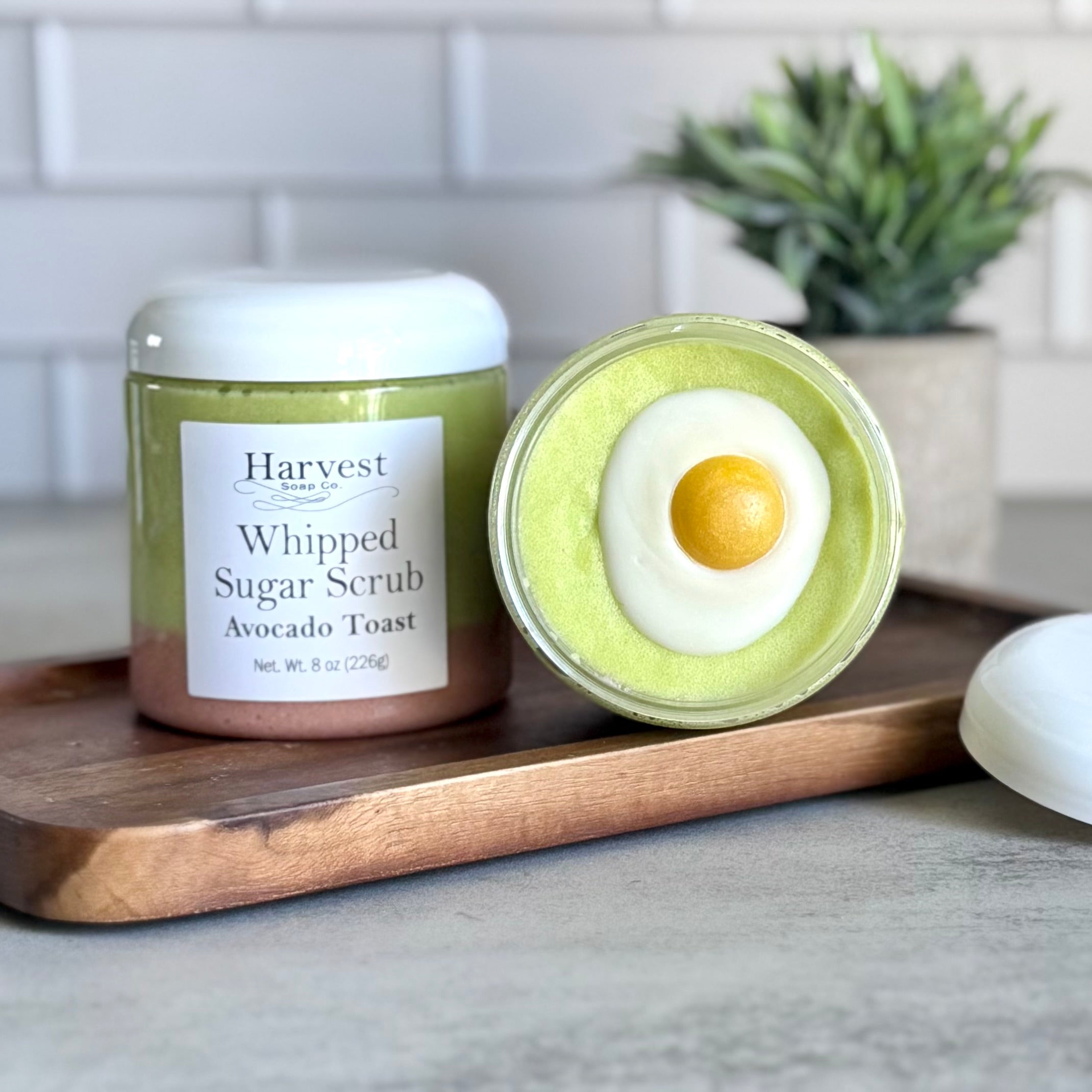 Creamy avocado toast whipped sugar scrub from Harvest Soap Company with textured exfoliating sugar and smooth avocado scent.