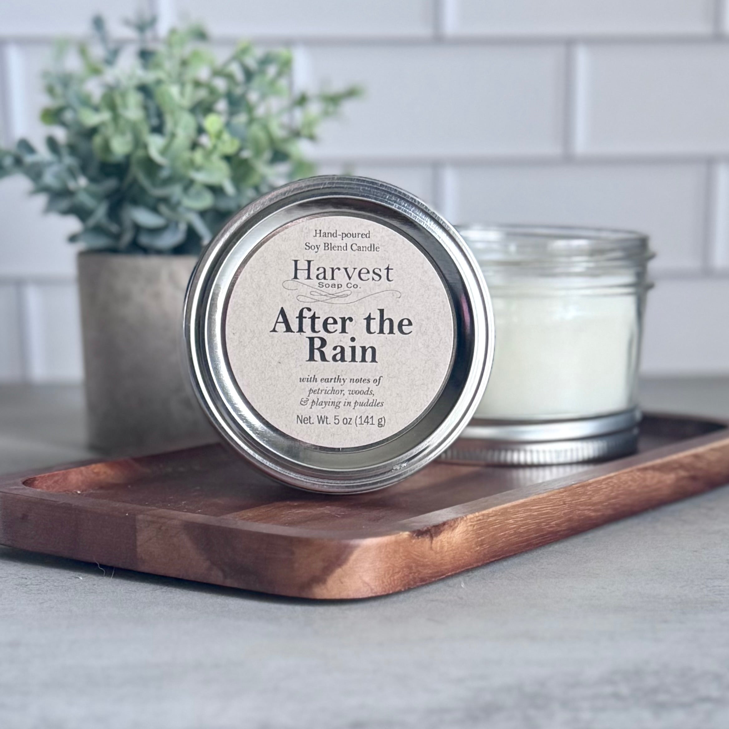 Harvest Soap Company After the Rain Candle with a cozy glass jar and fresh, earthy scent, perfect for relaxing ambiance.