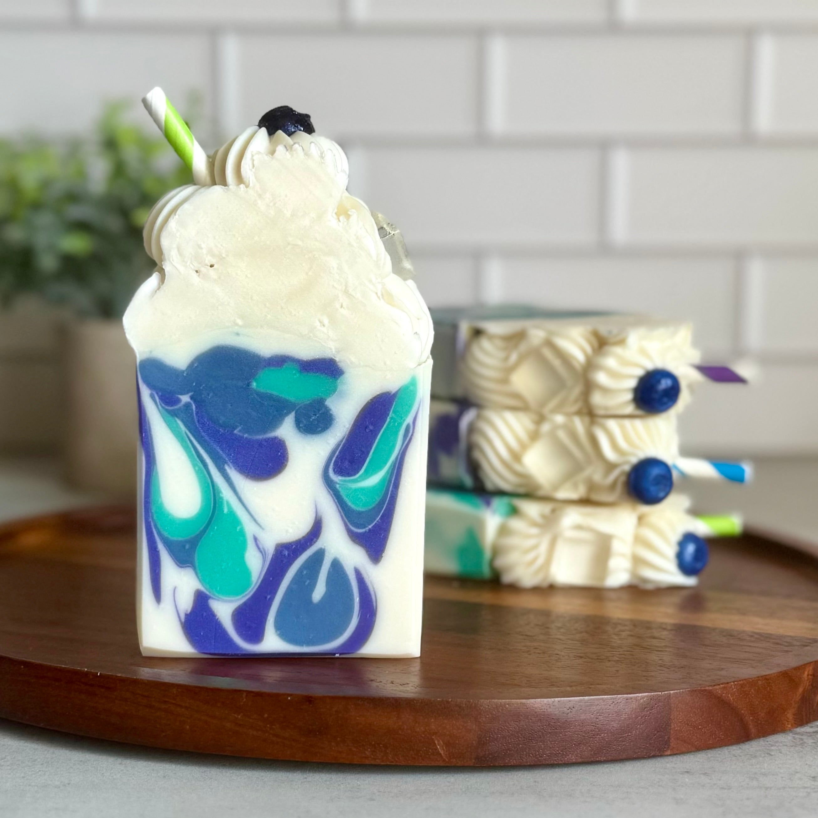 pretty handmade soap blueberry infused water with paper straw natural refreshing scent
