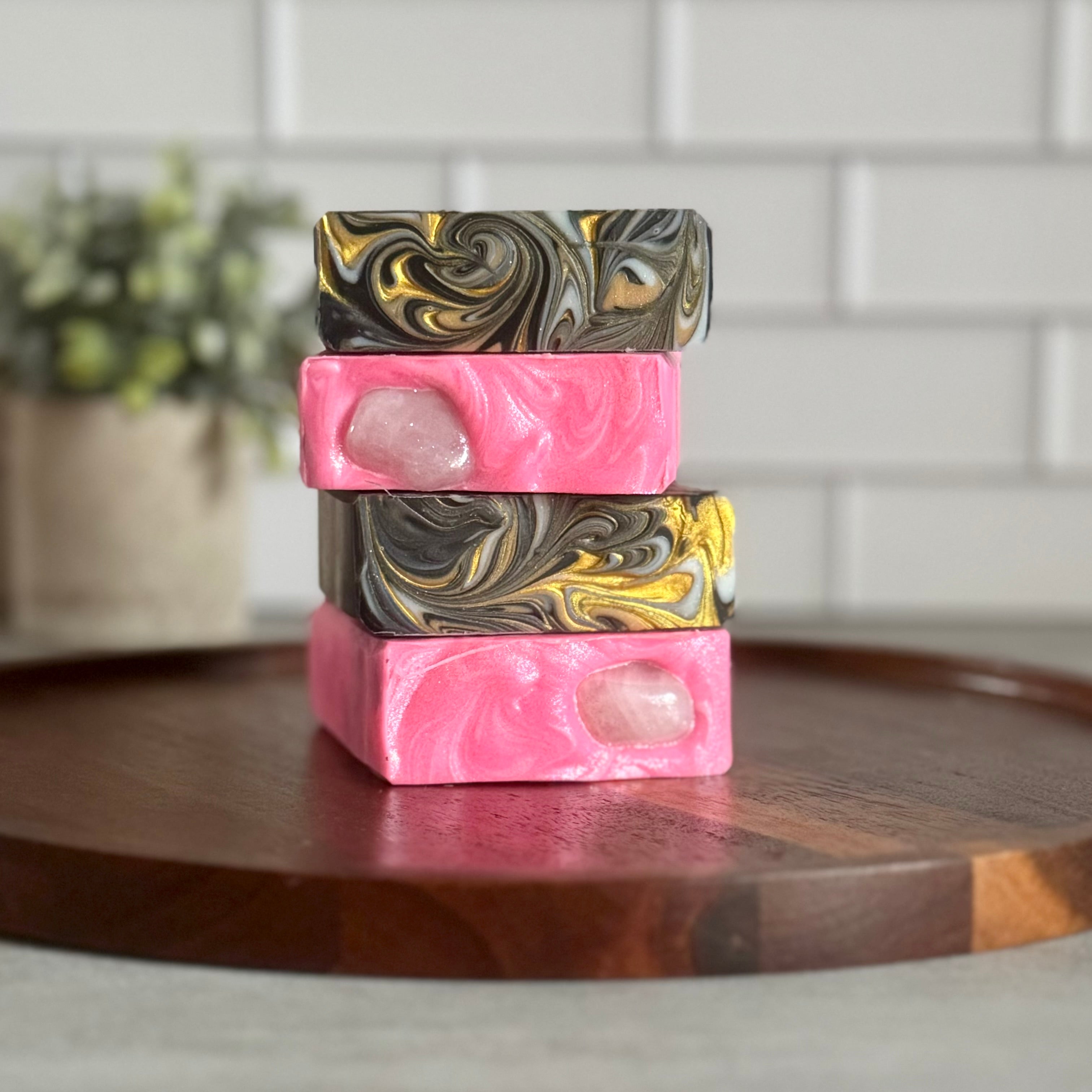 stack of perfect pair soap duo gift set of sparkling strawberries & midnight rendezvous handmade natural soap with crystals